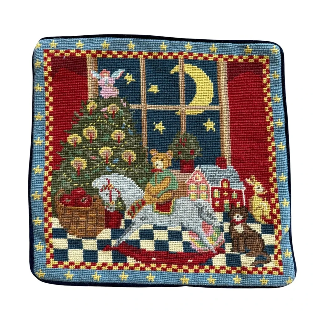 Vintage Needlepoint Christmas Pillow Cover Teddy Bear Rocking Horse Navy Velvet